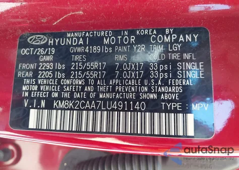 2020 Hyundai Kona Sel from USA, damaged, VIN KM8K2CAA7LU491140
